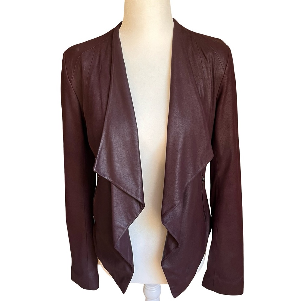 BB Dakota cropped leather open front drape jacket (deep burgundy, size S)
